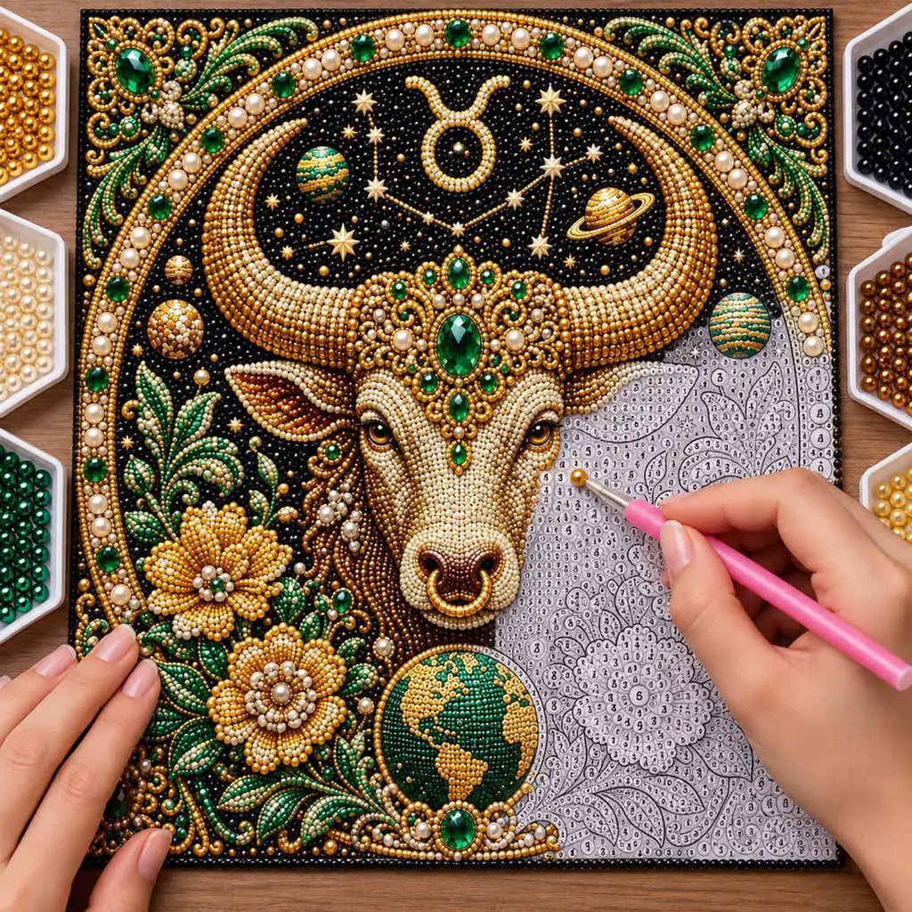 Pearl placement process on the taurus printed canvas