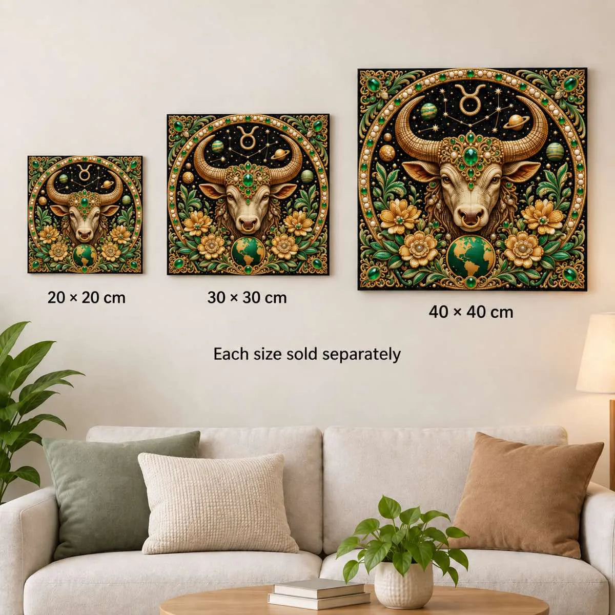 taurus artwork size comparison for 20, 30 and 40 cm options; each sold separately