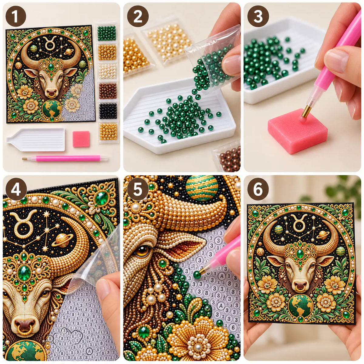 Six illustrated steps for placing pearls on the taurus design