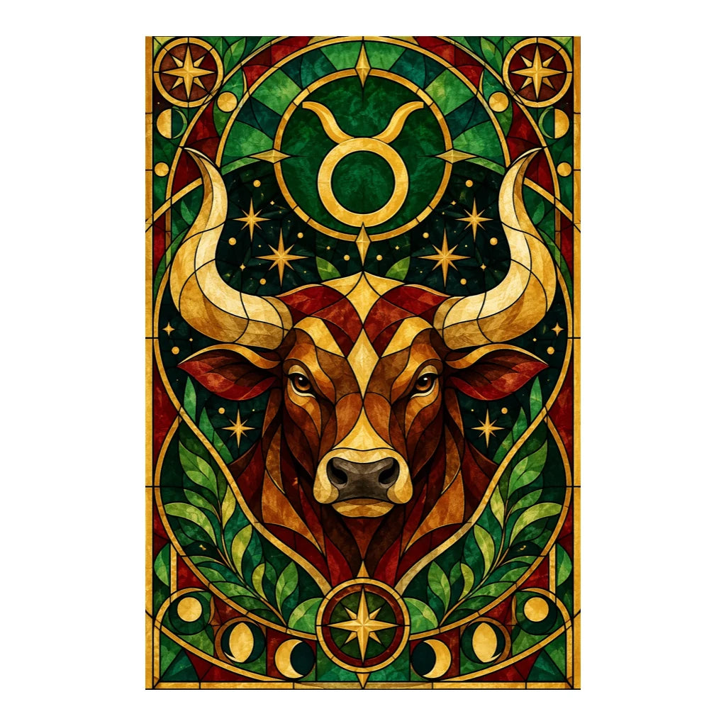 Original white-background stained glass Taurus bull artwork