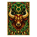 Original white-background stained glass Taurus bull artwork