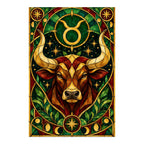 Original white-background stained glass Taurus bull artwork