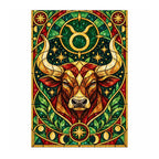 Finished white-background diamond painting of a stained glass Taurus bull