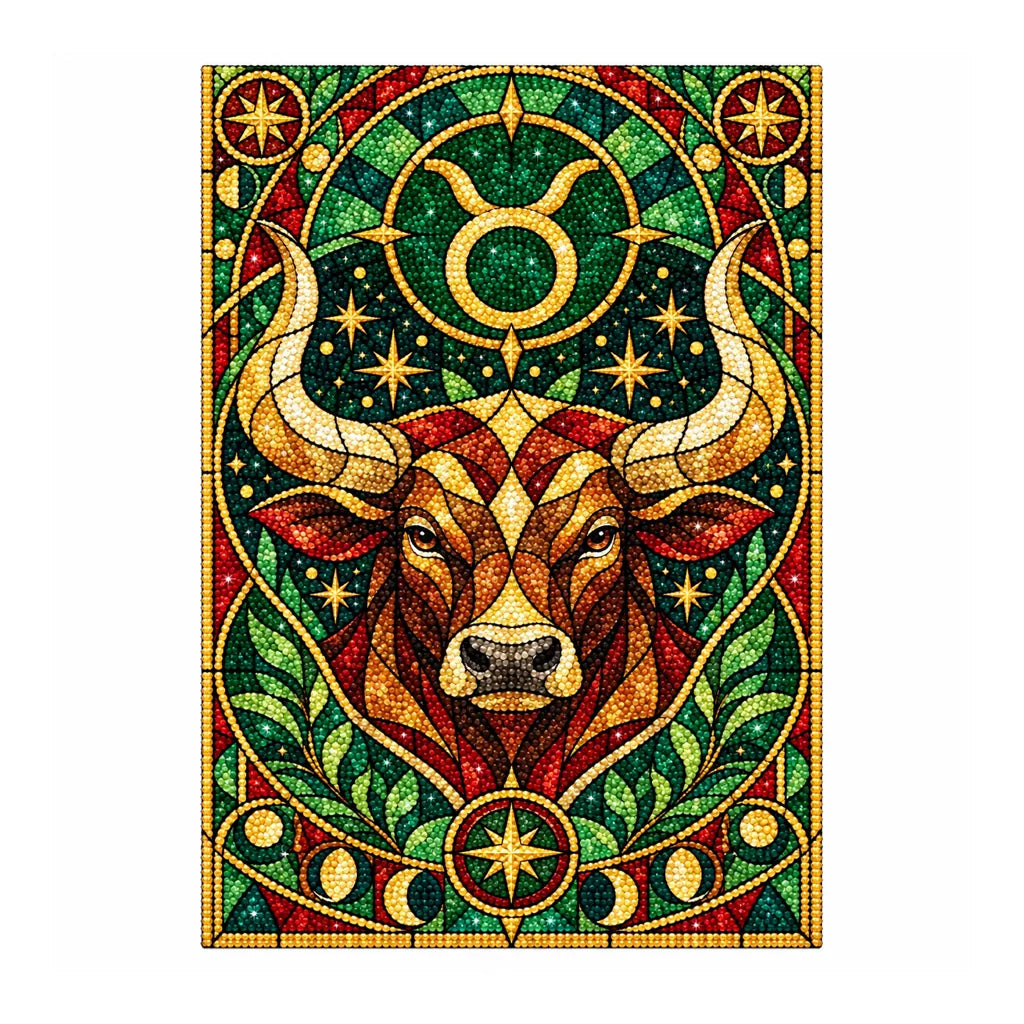 Finished white-background diamond painting of a stained glass Taurus bull