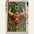 Hands applying drills to the stained glass Taurus bull canvas