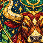 Close-up diamond drill detail on the Taurus bull stained glass design
