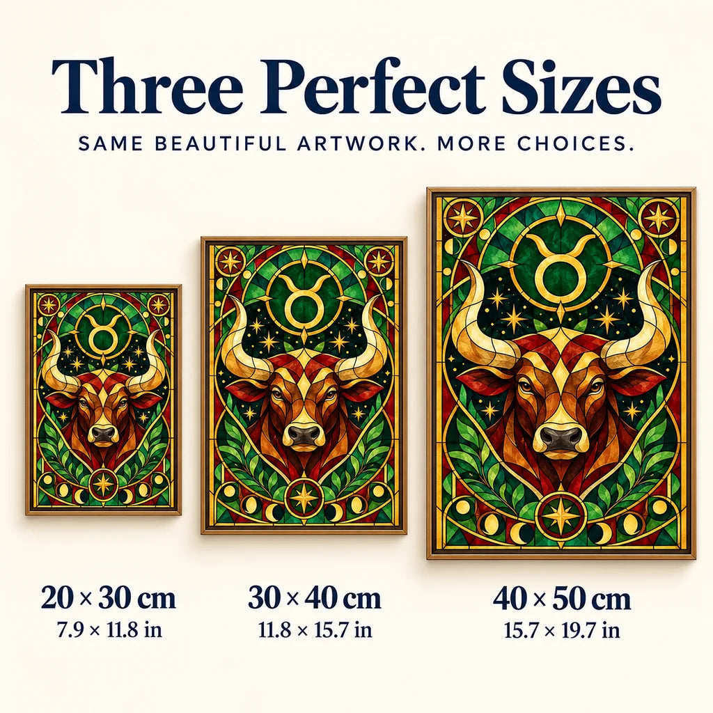 Taurus bull diamond painting size guide for 20 × 30 cm, 30 × 40 cm, and 40 × 50 cm