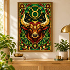 Framed stained glass Taurus bull diamond painting displayed in a home interior
