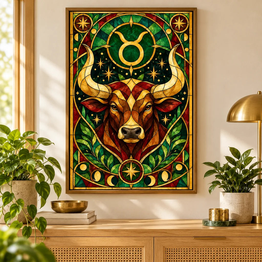 Framed stained glass Taurus bull diamond painting displayed in a home interior