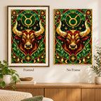Framed and no-frame comparison of the stained glass Taurus bull diamond painting