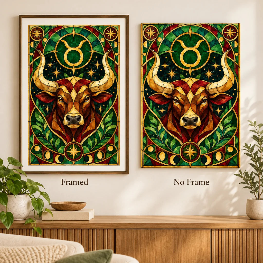 Framed and no-frame comparison of the stained glass Taurus bull diamond painting