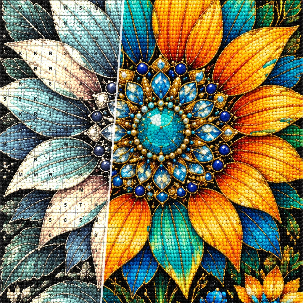 Teal Sunflower Jewel Bloom Diamond Painting Kit — Diamond and canvas detail