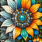 Teal Sunflower Jewel Bloom Diamond Painting Kit — Diamond and canvas detail