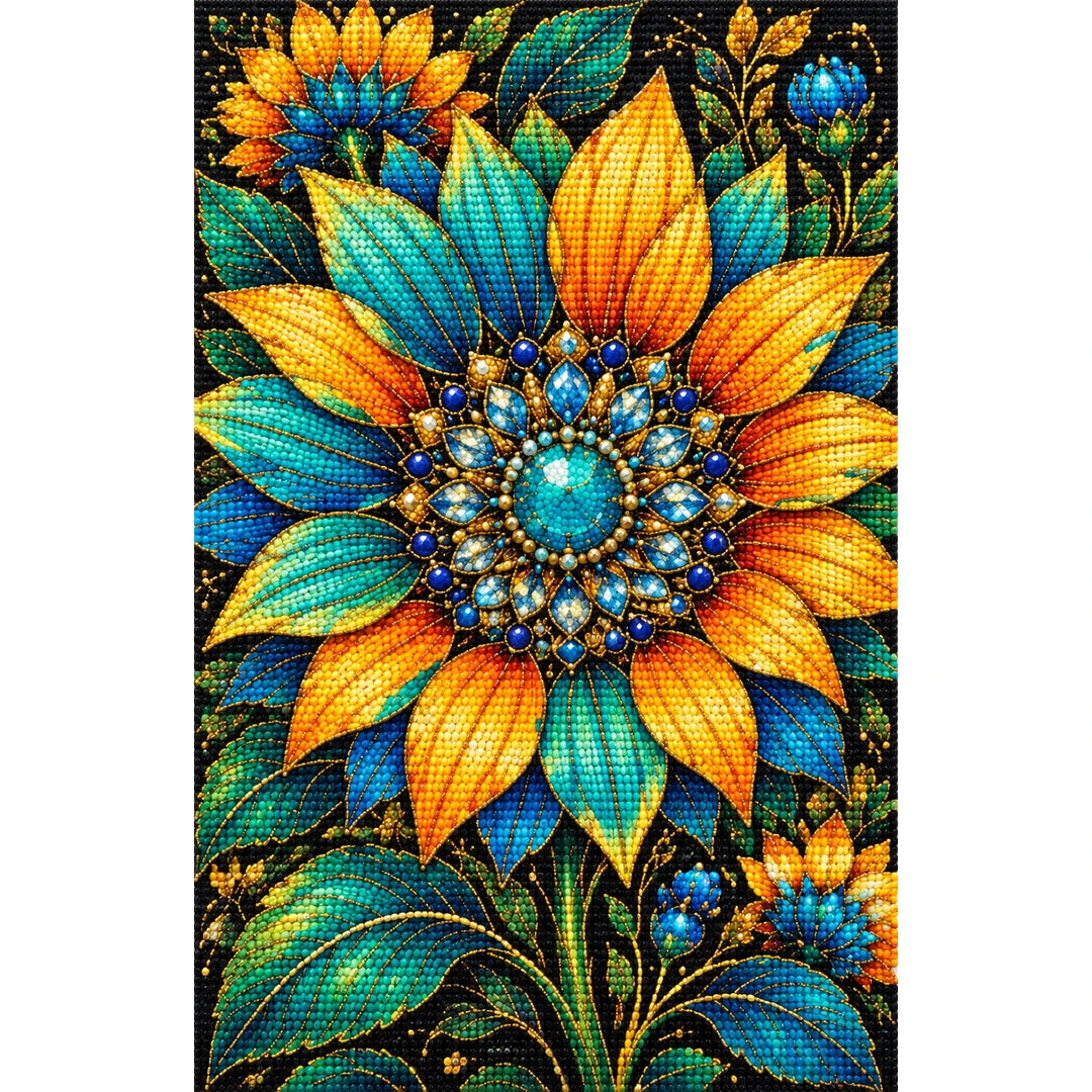 Teal Sunflower Jewel Bloom Diamond Painting Kit — Finished white-background diamond painting