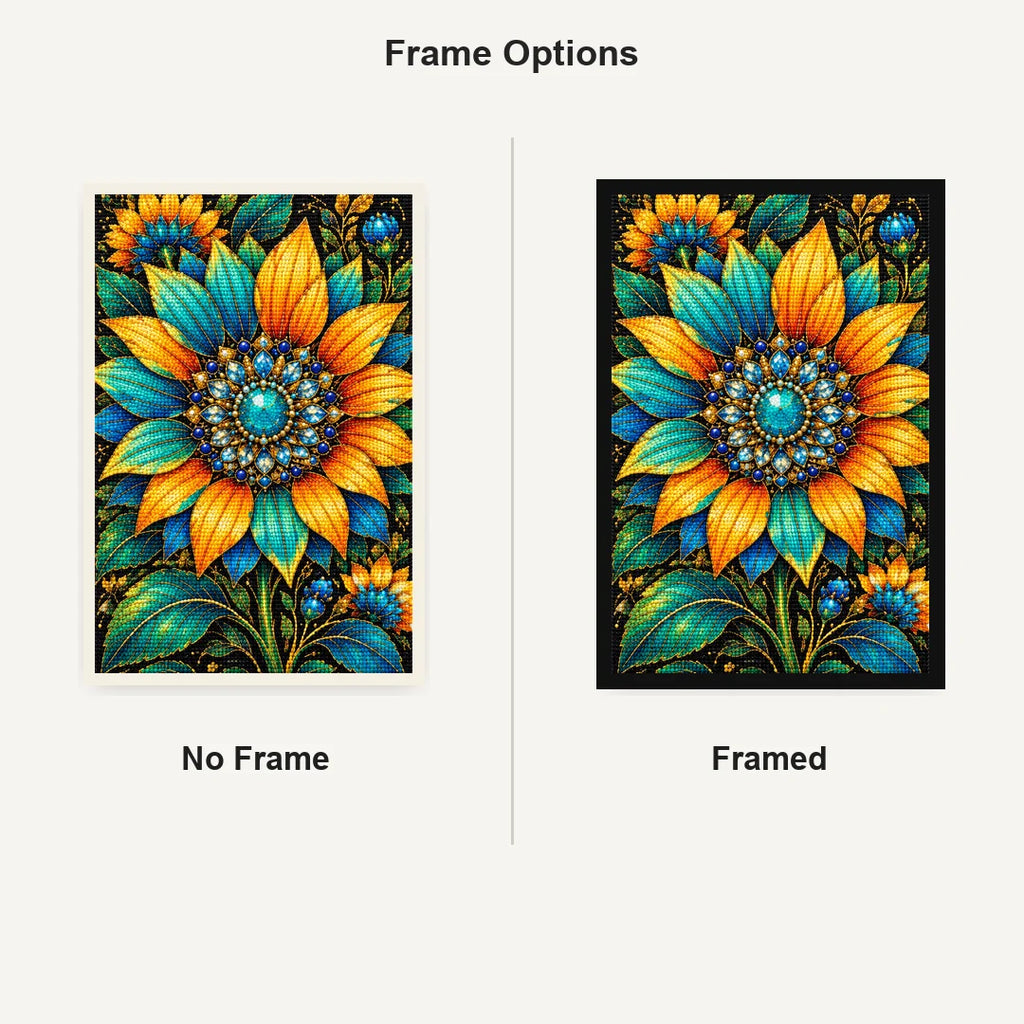 Teal Sunflower Jewel Bloom Diamond Painting Kit — No Frame and Framed comparison