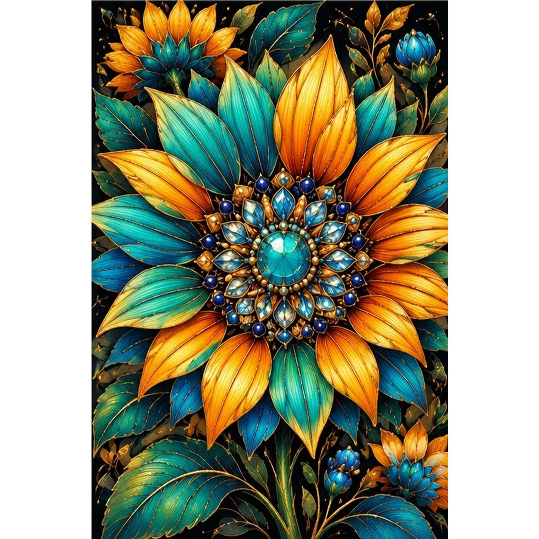 Teal Sunflower Jewel Bloom Diamond Painting Kit — original white-background artwork