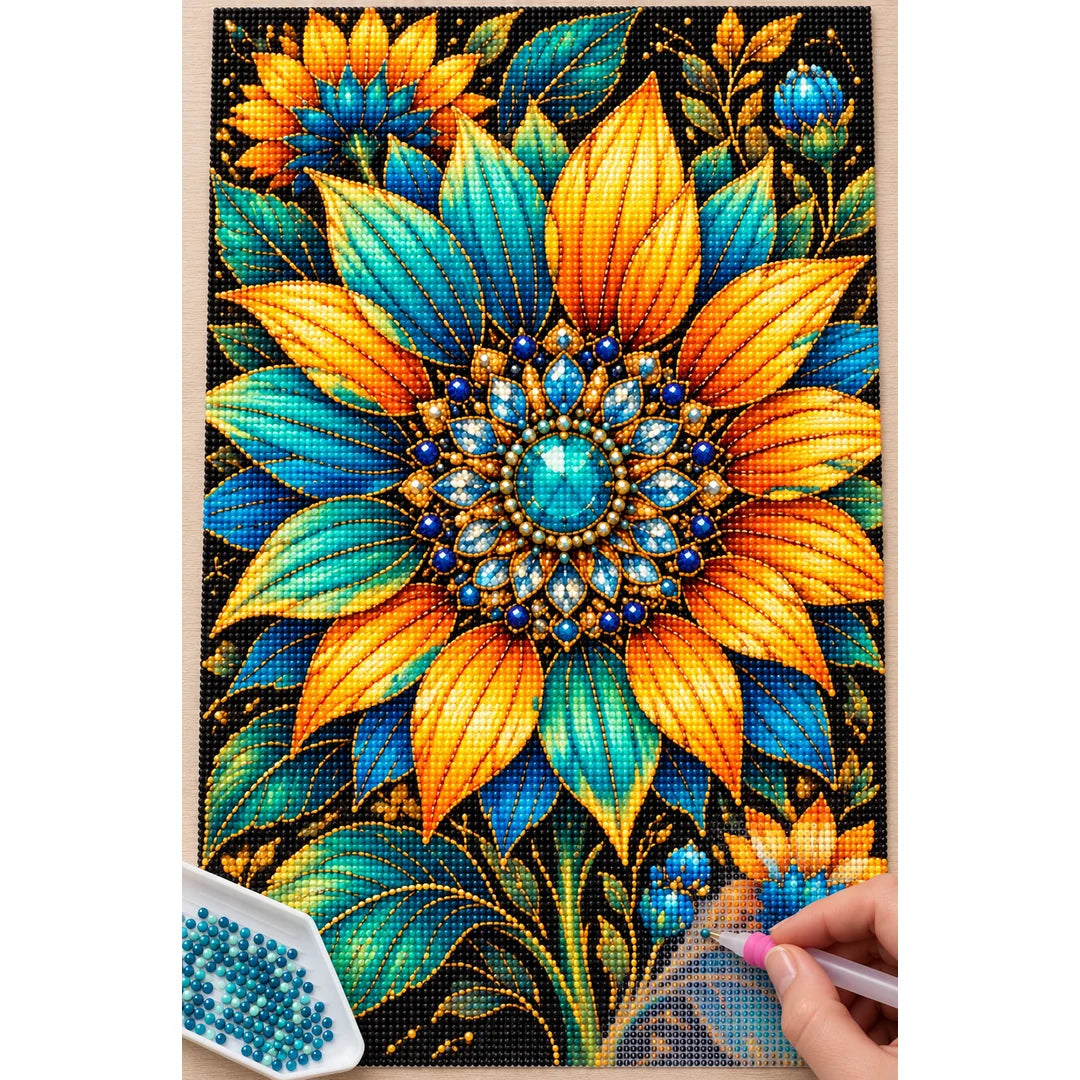 Teal Sunflower Jewel Bloom Diamond Painting Kit — Diamond painting process