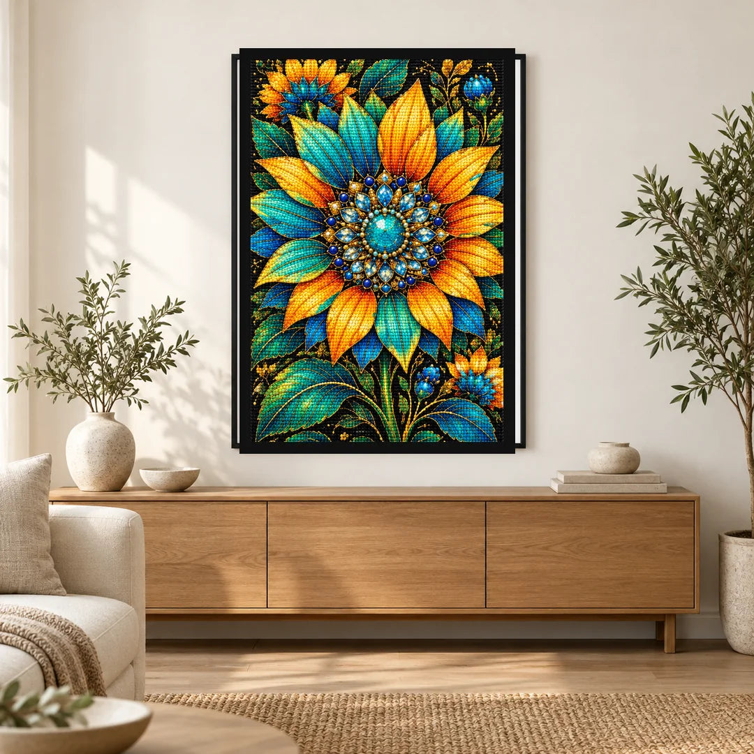 Teal Sunflower Jewel Bloom Diamond Painting Kit — Home decor scene