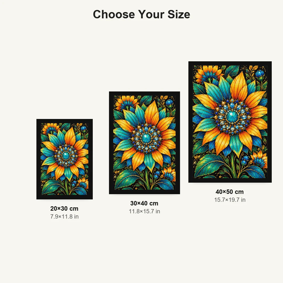 Teal Sunflower Jewel Bloom Diamond Painting Kit — Size guide
