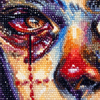Close-up of colorful diamond drills in a tear-streaked cubist portrait.