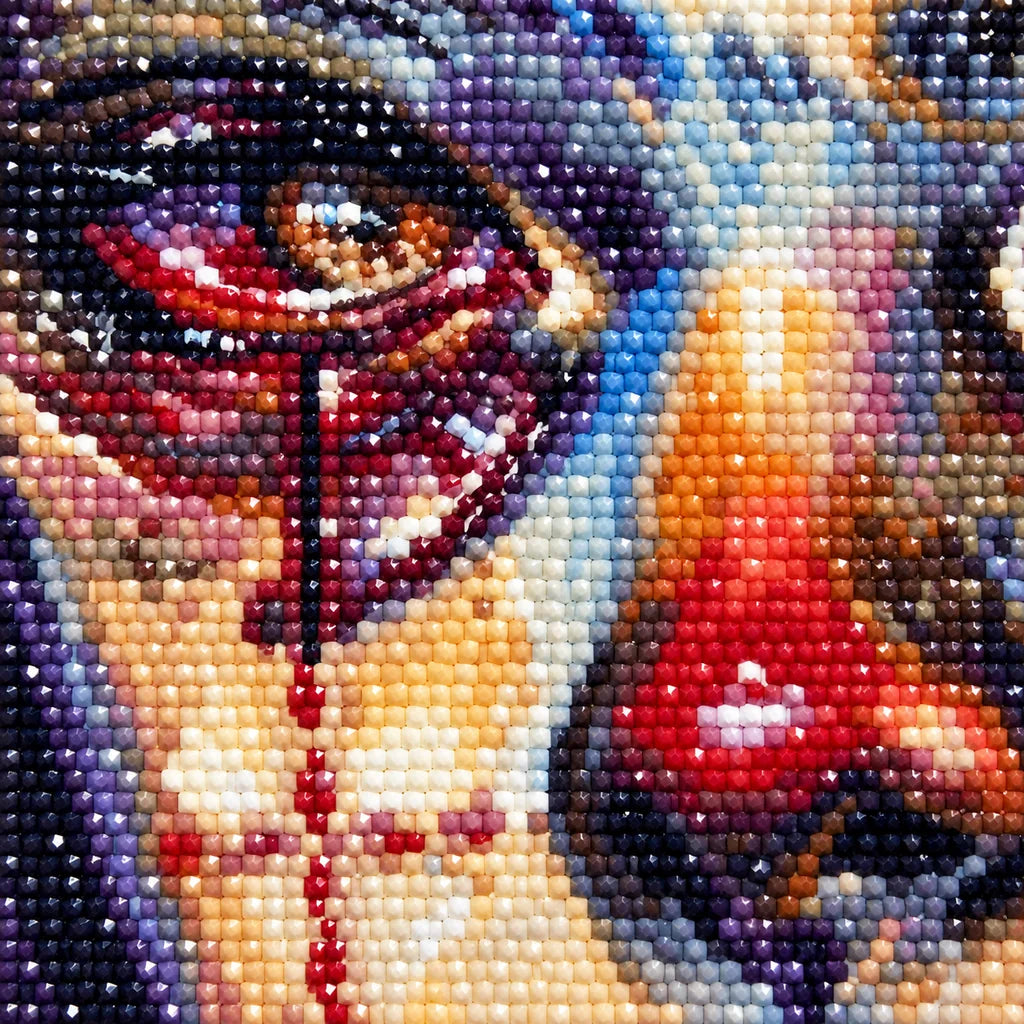 Close-up of colorful diamond drills in a tear-streaked cubist portrait.