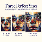 Size guide for Tear-Streaked Woman Cubist Portrait Diamond Painting Kit: 20 × 30 cm, 30 × 40 cm, and 40 × 50 cm.