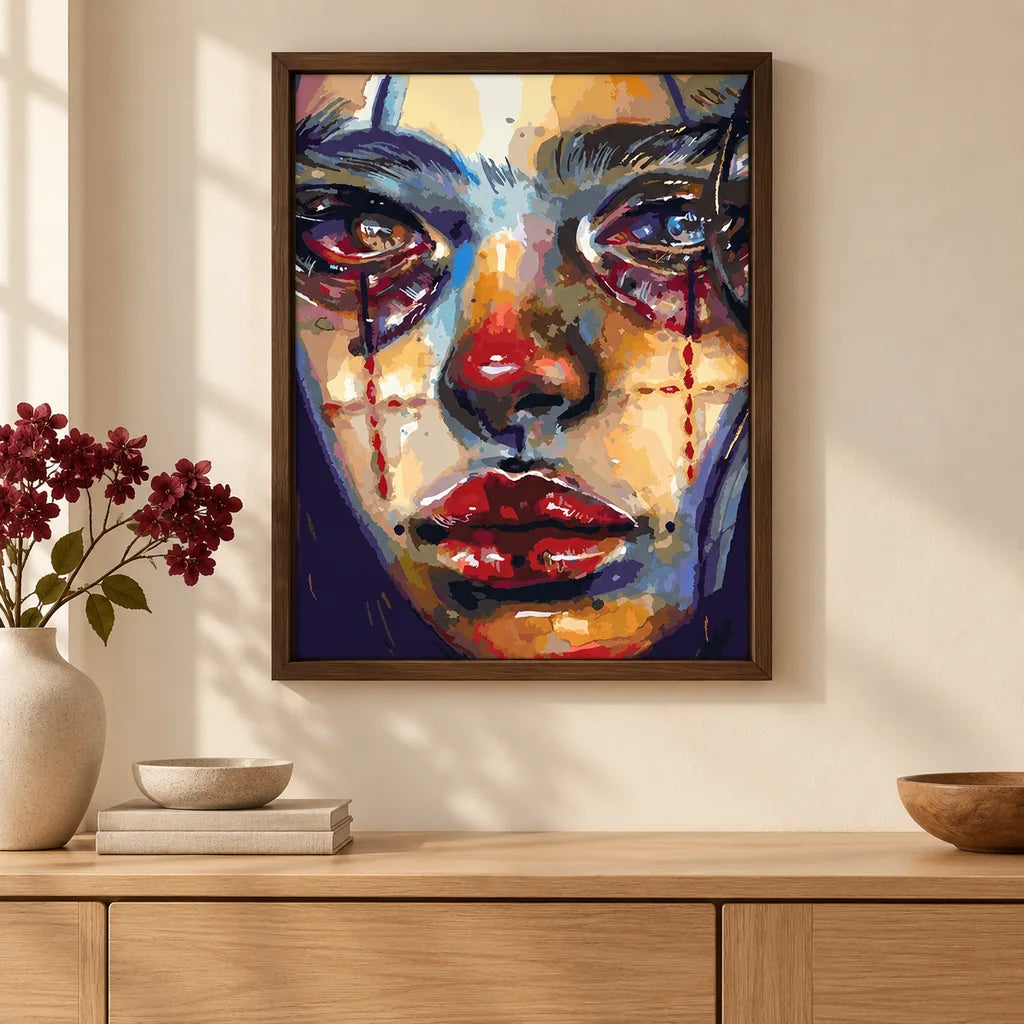 Framed tear-streaked cubist woman diamond painting displayed as home decor.