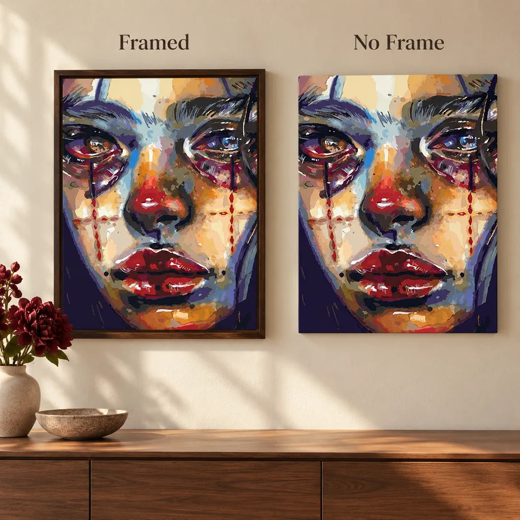Framed and no-frame comparison for Tear-Streaked Woman Cubist Portrait Diamond Painting Kit.