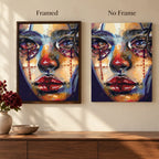 Framed and no-frame comparison for Tear-Streaked Woman Cubist Portrait Diamond Painting Kit.