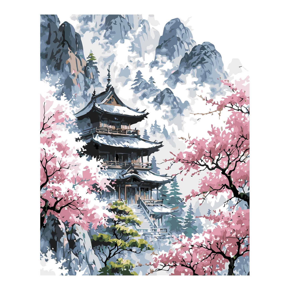 Original landscape artwork for Temple Among Cherry Blossoms Diamond Painting Kit