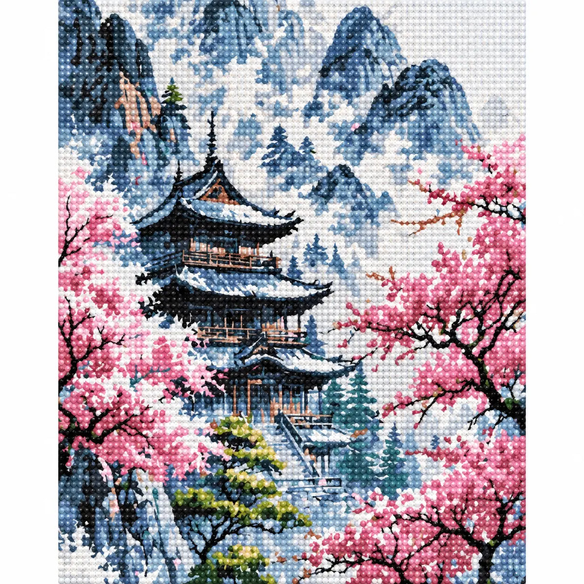 Finished diamond painting of Temple Among Cherry Blossoms with sparkling drills
