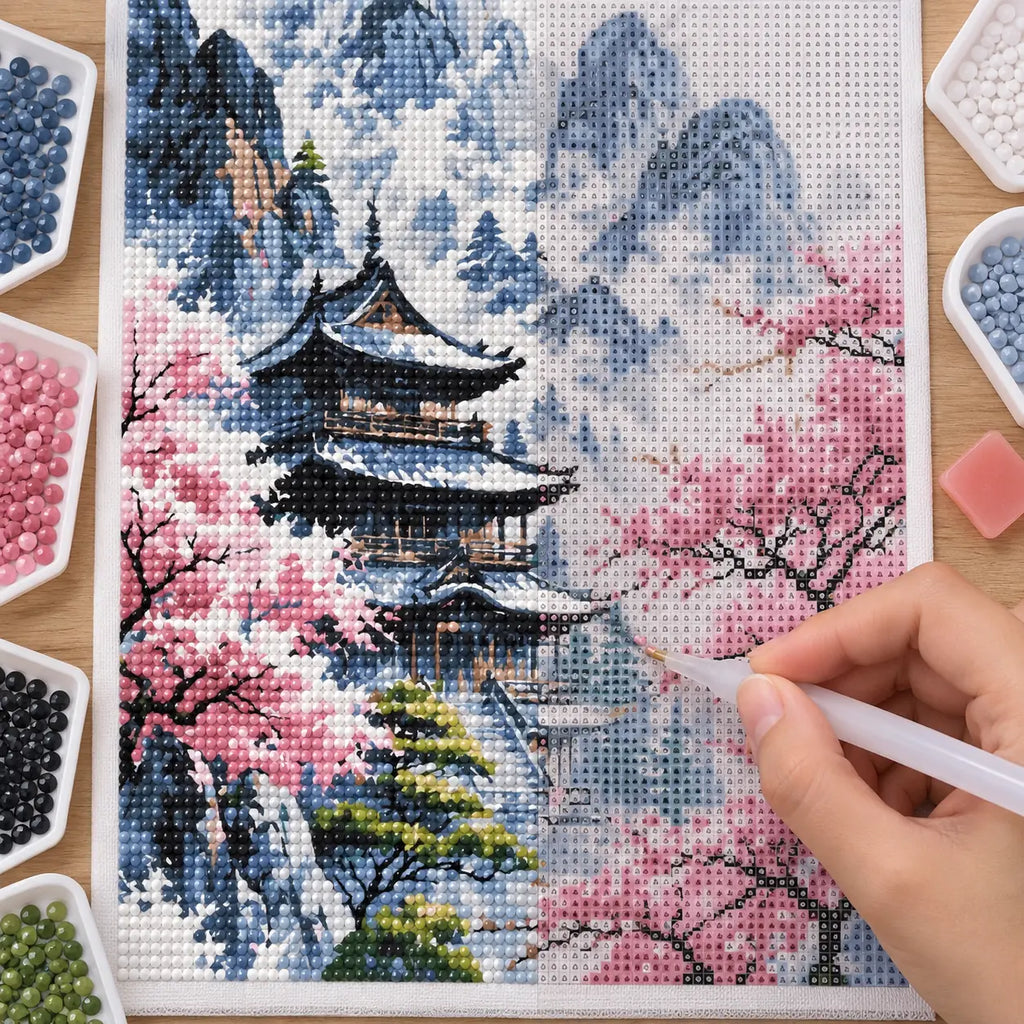 Diamond painting process for Temple Among Cherry Blossoms