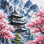 Close-up drill detail of the Temple Among Cherry Blossoms diamond painting