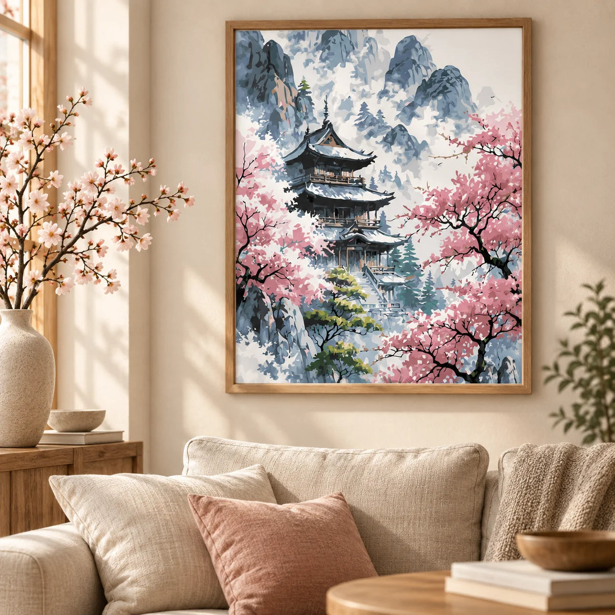 Temple Among Cherry Blossoms diamond painting displayed as home decor