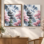 Temple Among Cherry Blossoms diamond painting shown framed and unframed