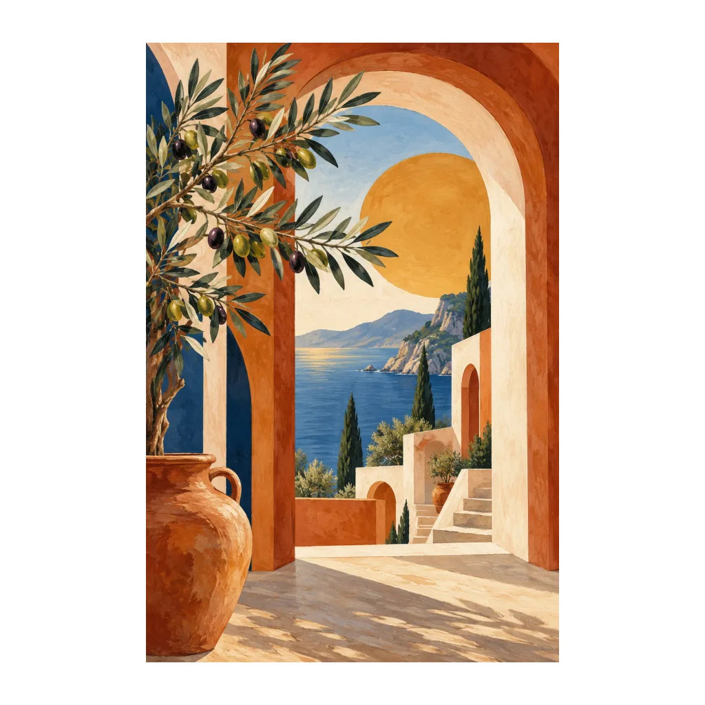 White-background original artwork of terracotta arches at sunset