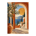 White-background finished diamond painting of terracotta arches at sunset