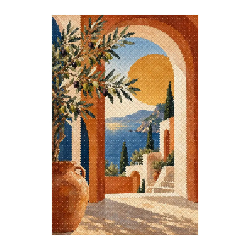 White-background finished diamond painting of terracotta arches at sunset
