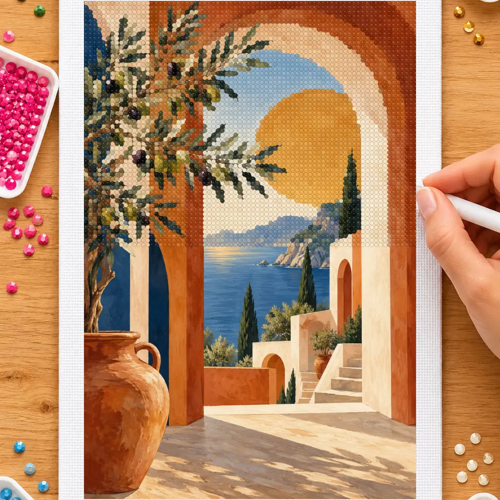 Hands placing drills on the terracotta arches at sunset diamond painting canvas