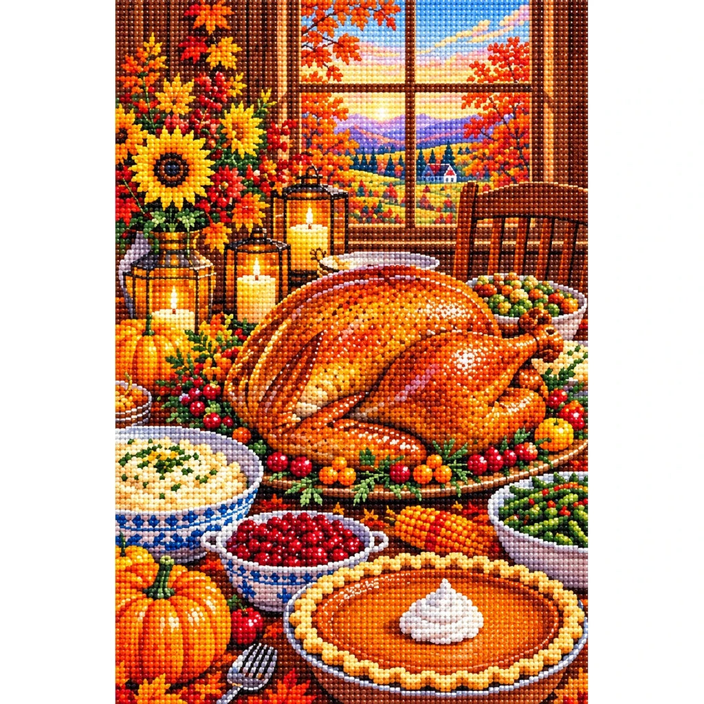 Thanksgiving Farmhouse Harvest Feast — finished diamond painting on a white background