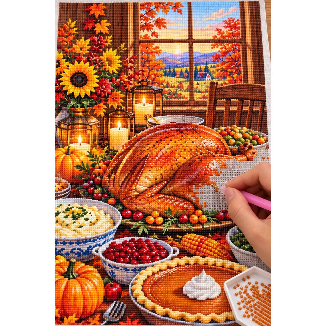 Thanksgiving Farmhouse Harvest Feast — diamond painting process with applicator pen