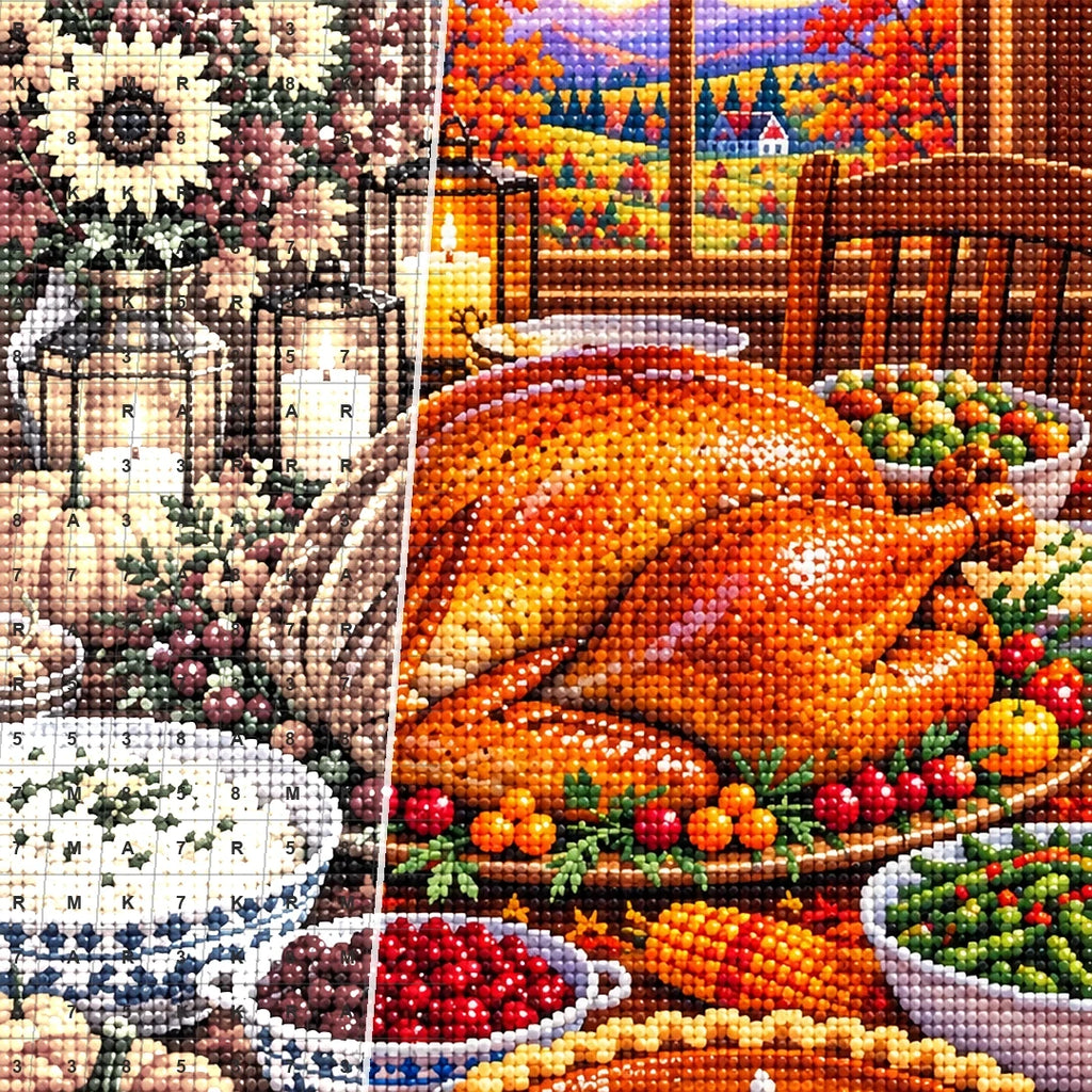 Thanksgiving Farmhouse Harvest Feast — close-up canvas and resin drill detail