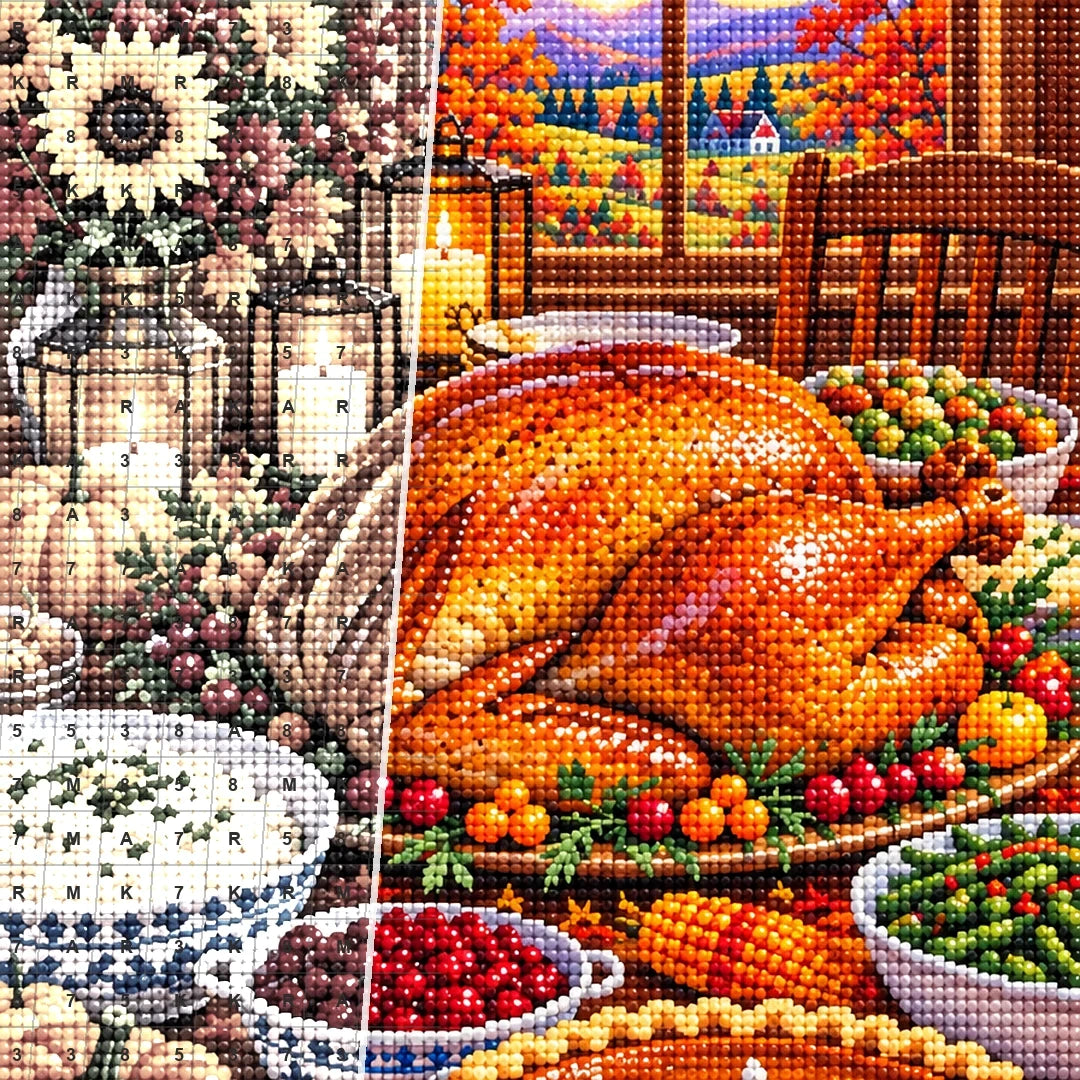 Thanksgiving Farmhouse Harvest Feast — close-up canvas and resin drill detail