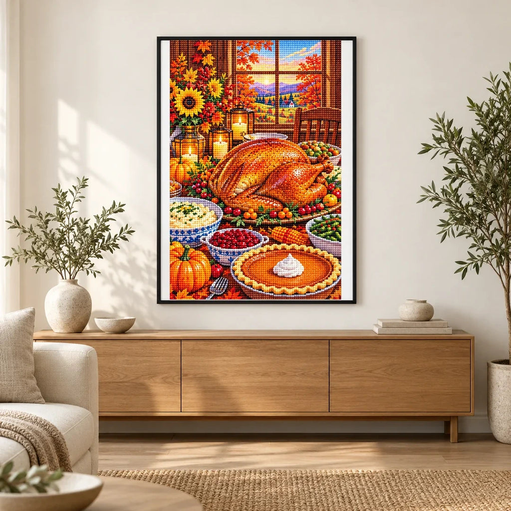 Thanksgiving Farmhouse Harvest Feast — finished diamond painting displayed in a home interior