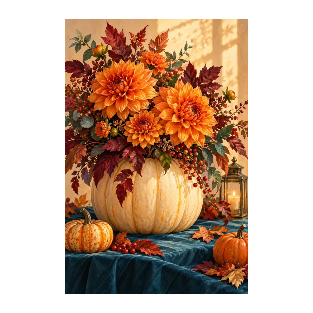 White-background original artwork of thanksgiving floral pumpkin