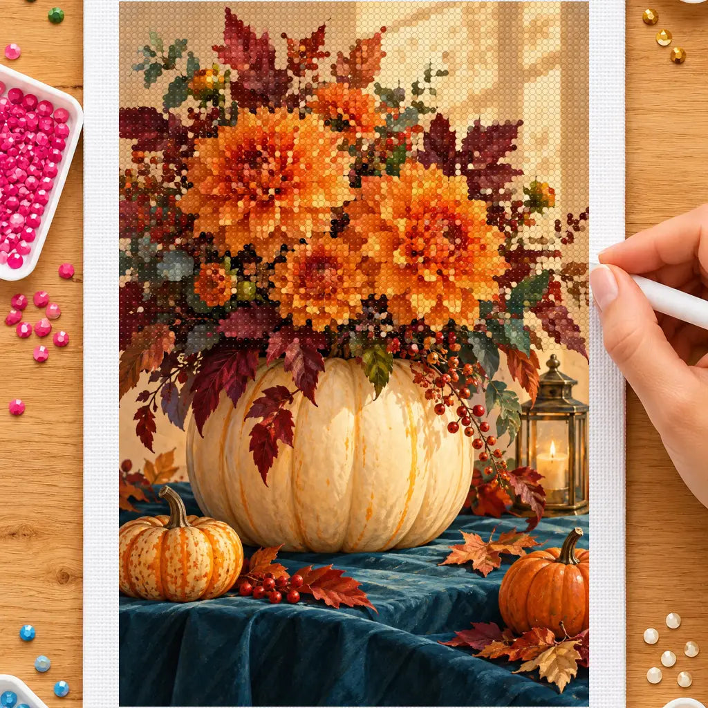 Hands placing drills on the thanksgiving floral pumpkin diamond painting canvas