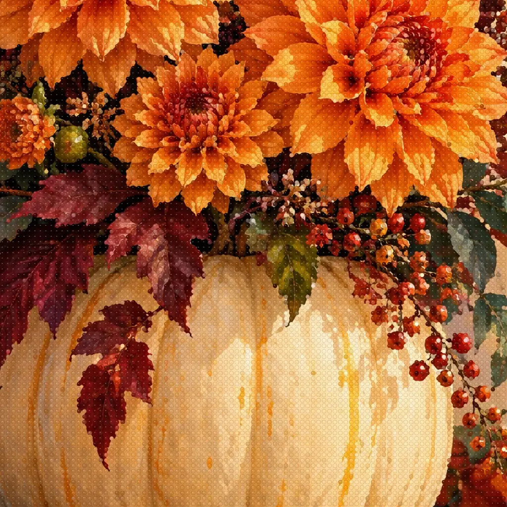 Close-up diamond detail of the thanksgiving floral pumpkin diamond painting