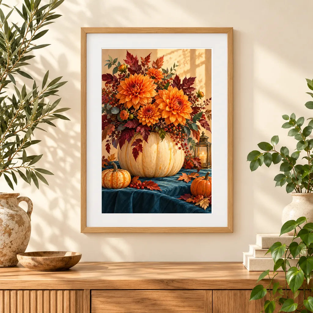 Framed home display of the thanksgiving floral pumpkin diamond painting