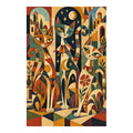 White-background original artwork of stylized cats among colorful theatrical masks, stars, and geometric patterns for a diamond painting kit
