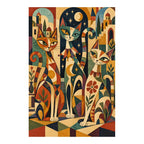 White-background original artwork of stylized cats among colorful theatrical masks, stars, and geometric patterns for a diamond painting kit